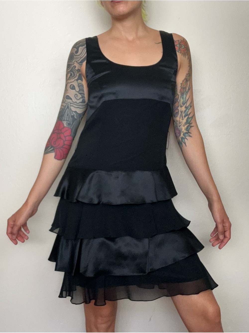 Black silk ruffle cocktail dress - 8